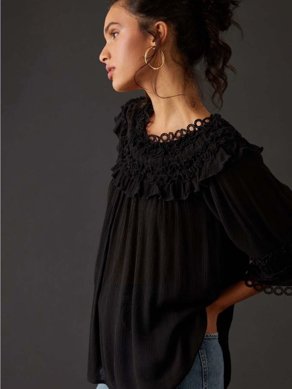 Anthropologie Black Ruffled Lace-Yoke Blouse - Picture 5 of 9